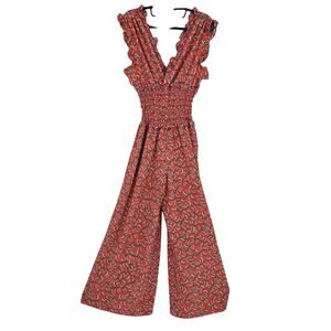 Max Studio Coral Wide Leg Jumpsuit Floral Smocked Waist  Boho Cottagecore  M